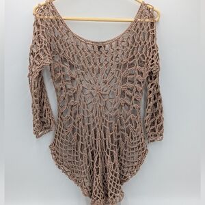 Akualani Boho Crochet Open Knit Starburst Top Long Sleeve Beach Coverup Tan M